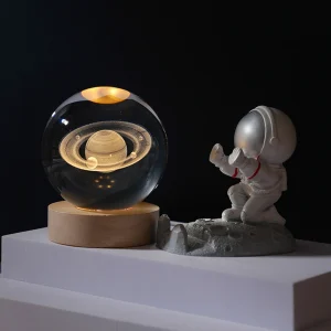 Crystal Ball Night Light – 3D Engraved Milky Way System with Wooden Base and USB Charging | Perfect Gift for Kids