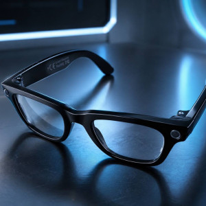 Black AI smart glasses with integrated camera and clear lenses