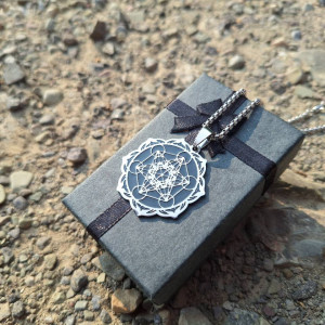 Silver-tone Metatron's Cube lotus mandala pendant necklace on gift box