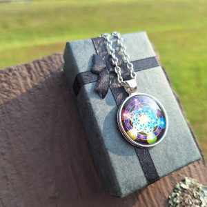 Metatron's Cube resin dome pendant necklace with stainless steel chain on black ribbon gift box