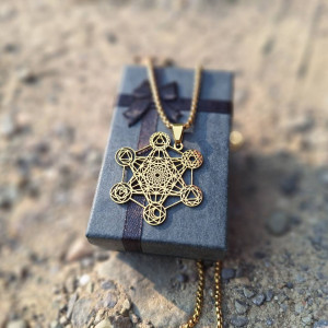 Gold-tone Metatron's Cube pendant necklace with 2D torus center on gift box