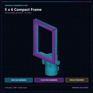AetherCell 5 x 6 experimental frame showing the back frame and front retainer from the included STL files